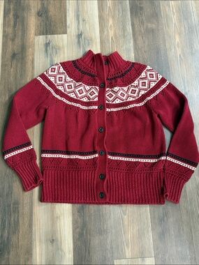 Lands' End Red Fair Isle Knit Cardigan Bean Signature